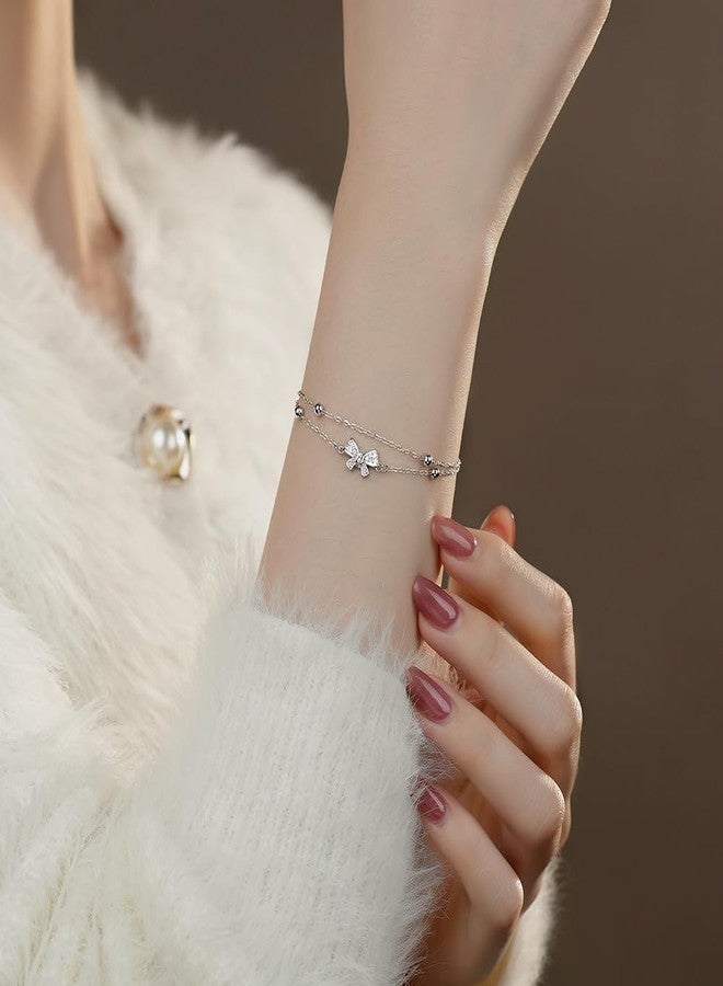 Kawailay Bow Charm Link Bracelet Multilayered Bow Tie Charm Bracelet Crystal Bow Bracelet Bangle for Women - Silver - Image 5
